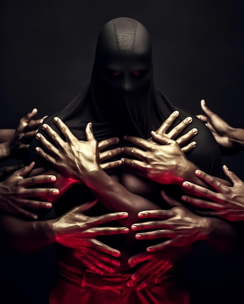 Zdjęcie mężczyzna w czarnej masce i czerwonej twarzy jest otoczony rękami