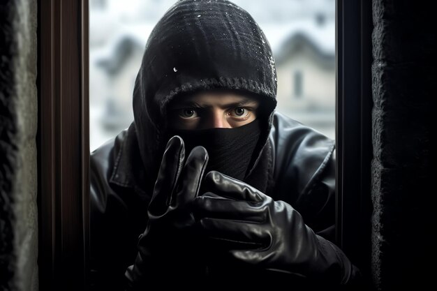 Mężczyzna w czarnej skórzanej rękawiczce patrzy przez okno