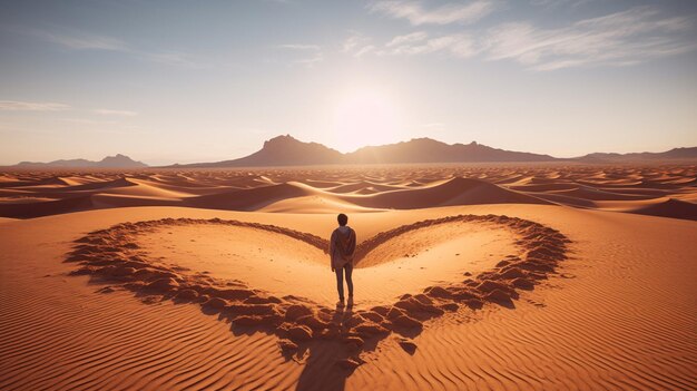 Zdjęcie mężczyzna w czarnej sukience z sercem na pustyni.