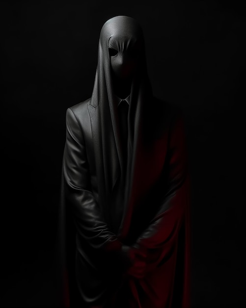 Mężczyzna w czarnym garniturze stoi przed czerwonym światłem