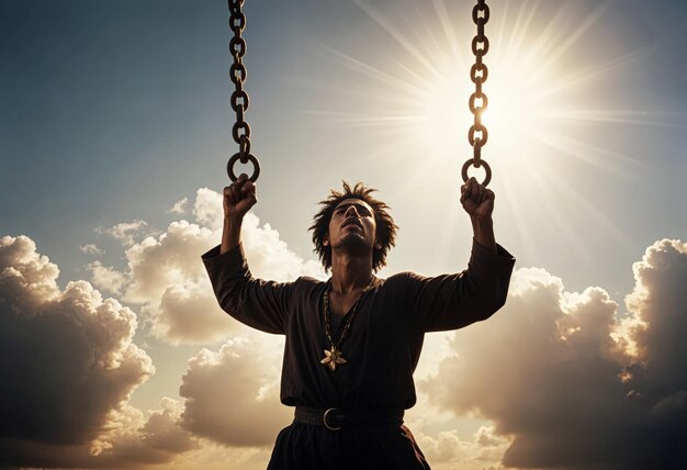 Zdjęcie mężczyzna w czarnym garniturze trzyma łańcuchy na niebie z słońcem za sobą.