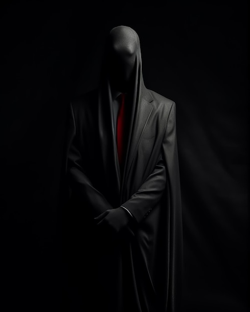 Mężczyzna w czarnym garniturze z czerwonym krawatem stoi przed czarnym tłem