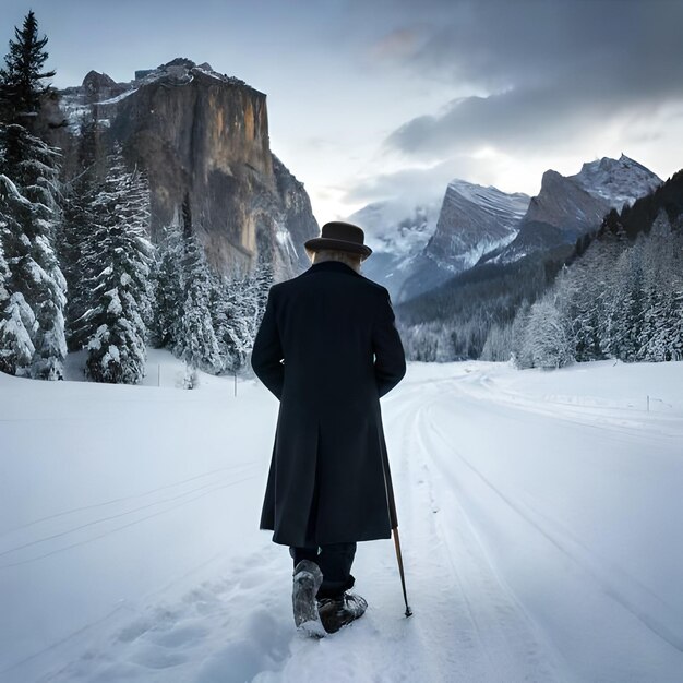 Mężczyzna w czarnym płaszczu i kapeluszu idzie w śniegu z górą w tle.