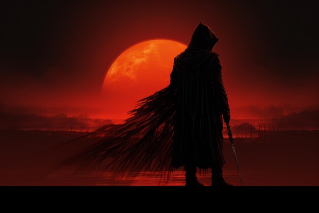 Mężczyzna w czarnym płaszczu stojący przed czerwonym księżycem