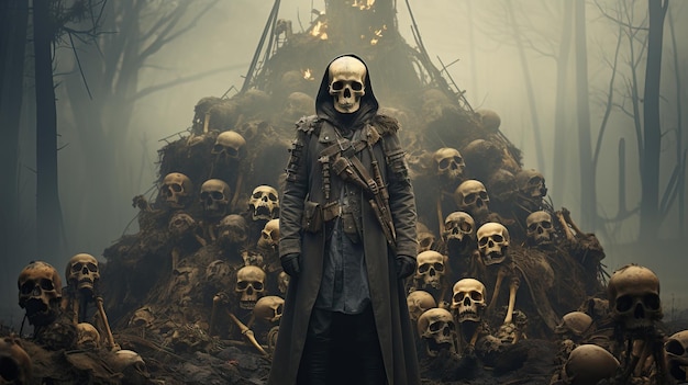 Mężczyzna w czarnym płaszczu z pistoletem stoi przed stosem czaszek