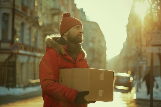Mężczyzna w czerwonej kurtce noszący pudełko