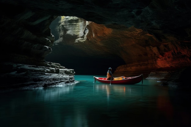 Mężczyzna w czerwonej łodzi unosi się w ciemnej jaskini.