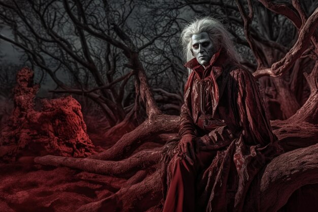 Mężczyzna w czerwonym garniturze siedzi na pniu drzewa z napisem „wampir” na okładce.