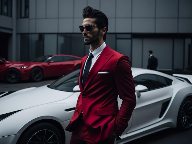 Mężczyzna w czerwonym garniturze stoi przed białym samochodem sportowym.