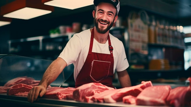 Zdjęcie mężczyzna w dziale mięsa w sklepie sprzedaje mięso generative ai food