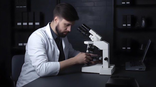 Mężczyzna w fartuchu laboratoryjnym patrzy przez mikroskop.