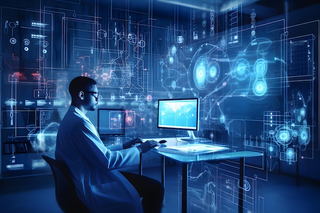 Mężczyzna w fartuchu laboratoryjnym siedzi przy biurku przed ekranem komputera z napisem „dane”