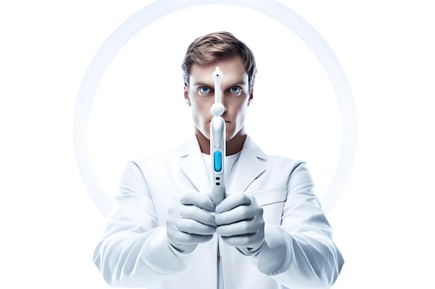 Mężczyzna w fartuchu laboratoryjnym trzyma w dłoni strzykawkę