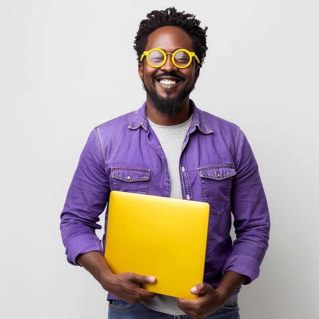 Mężczyzna w fioletowej koszuli z żółtym laptopem