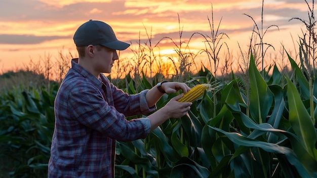 Mężczyzna w flanelowej koszuli zbierający kukurydzę na pięknym polu kukurydzianym przy zachodzie słońca