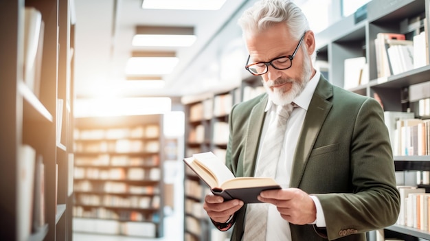 Mężczyzna w garniturze czyta książkę w bibliotece.