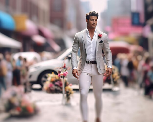 Mężczyzna w garniturze i białych spodniach idzie ruchliwą ulicą z kwiatami w tle.