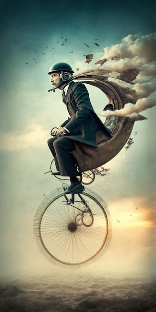 Mężczyzna w garniturze i kapeluszu jeżdżący na rowerze generatywnym ai