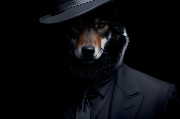 Mężczyzna w garniturze i kapeluszu z wilkiem
