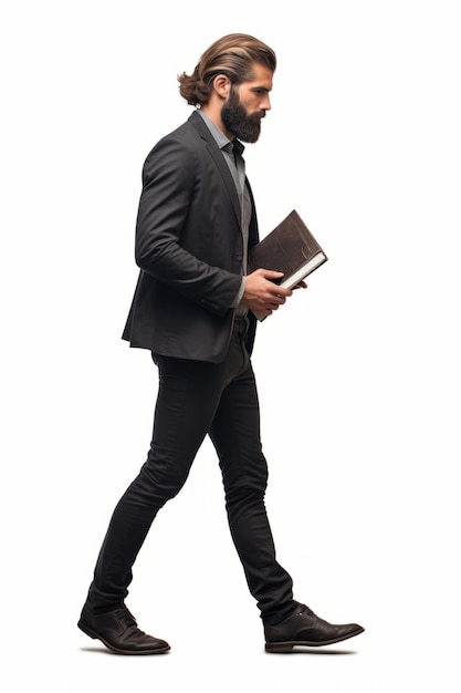 Mężczyzna w garniturze i krawacie idący z książką w ręku Generatywna sztuczna inteligencja