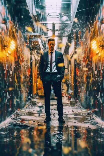 Mężczyzna w garniturze i krawacie stojący w korytarzu Obraz Generative AI