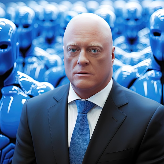 Zdjęcie mężczyzna w garniturze i niebieskim krawacie stoi przed niebieskimi posągami