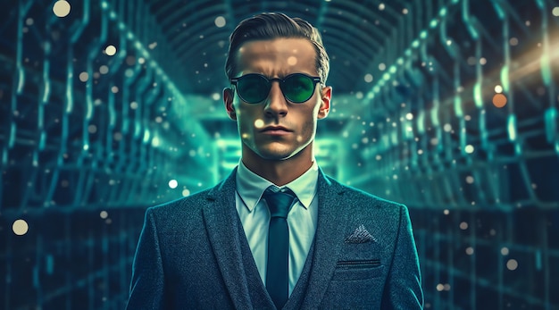 Mężczyzna w garniturze i okularach przeciwsłonecznych stoi przed futurystycznym tłem.