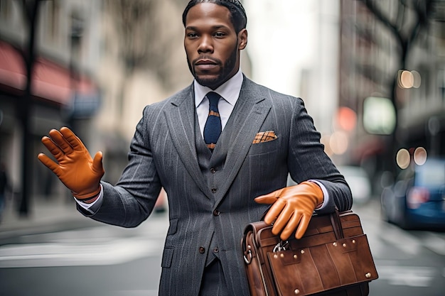 Mężczyzna w garniturze i rękawiczkach trzymający torbę Generative Ai