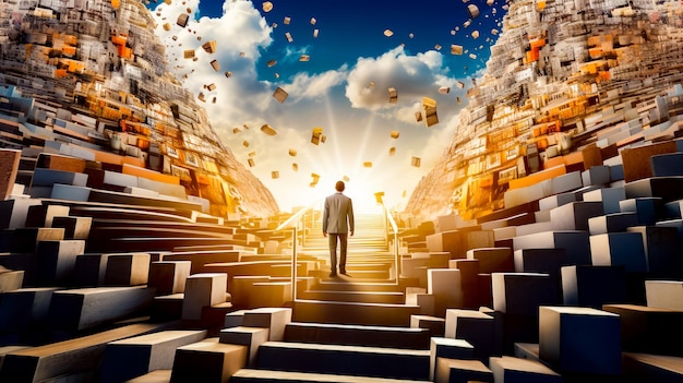Mężczyzna w garniturze idzie po schodach do jasnego nieba Generatywna sztuczna inteligencja