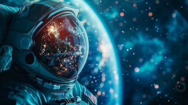 Zdjęcie mężczyzna w garniturze kosmicznym patrzy w kosmos z planetą w tle