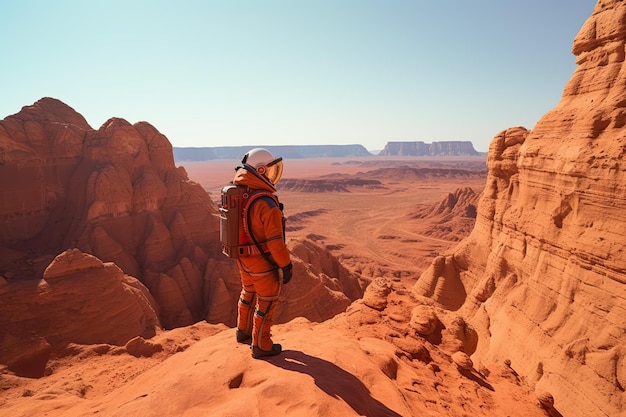 Mężczyzna w garniturze Mars Rover stojący na szczycie