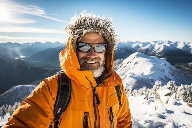 Mężczyzna w garniturze narciarskim zimą w górach podróżujący i uprawiający sport koncepcja aktywnego stylu życia