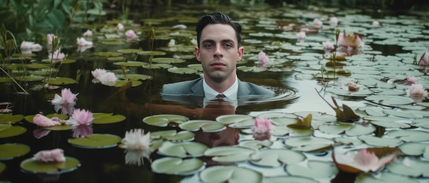 Mężczyzna w garniturze otoczony jest wodą z kwiatami lotosu.