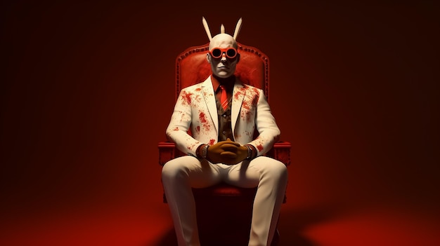Mężczyzna w garniturze siedzi na krześle z czerwonym tłem i napisem śmierć z przodu