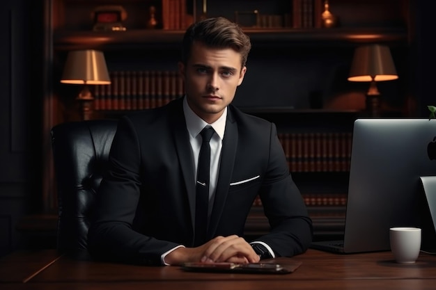 Mężczyzna w garniturze siedzi przy biurku przed komputerem. Nadaje się do technologii biznesowych i koncepcji związanych z biurem