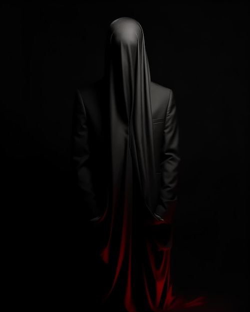 Zdjęcie mężczyzna w garniturze stoi przed czarnym tłem z czerwonymi zasłonami