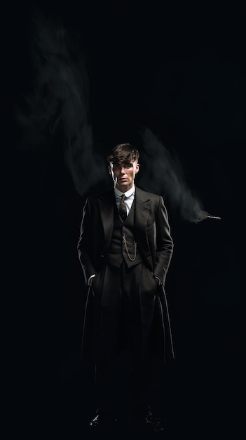 Zdjęcie mężczyzna w garniturze stoi przed czarnym tłem z dymem