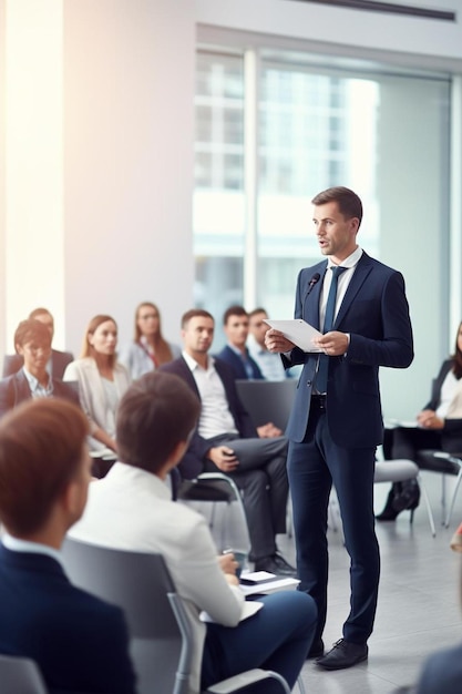 Mężczyzna w garniturze stoi przed grupą ludzi w sali konferencyjnej.