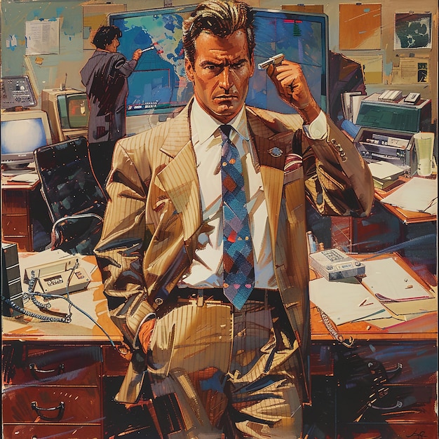Mężczyzna w garniturze stoi przed monitorem komputera.
