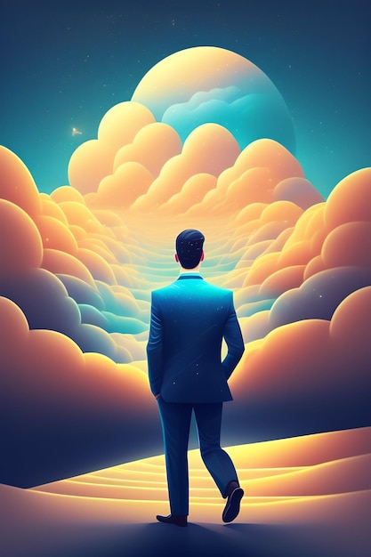 Mężczyzna w garniturze stoi przed niebem z chmurami i napisem „księżyc”