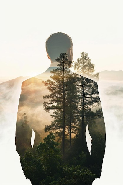 Mężczyzna w garniturze stojący przed lasem.