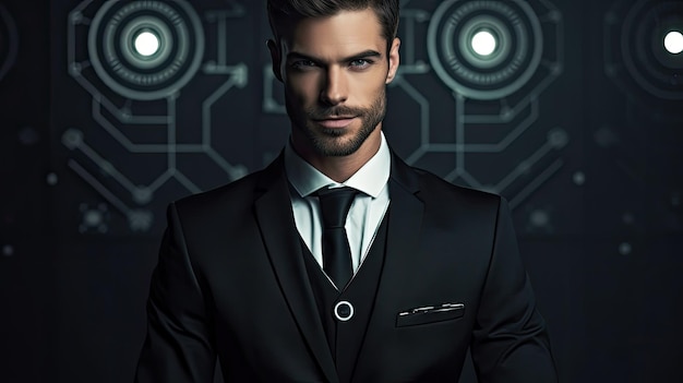 Mężczyzna w garniturze stojący przed ścianą z czarnym tłem i czarnym tłem z kółkiem i mężczyzną w krawacie.