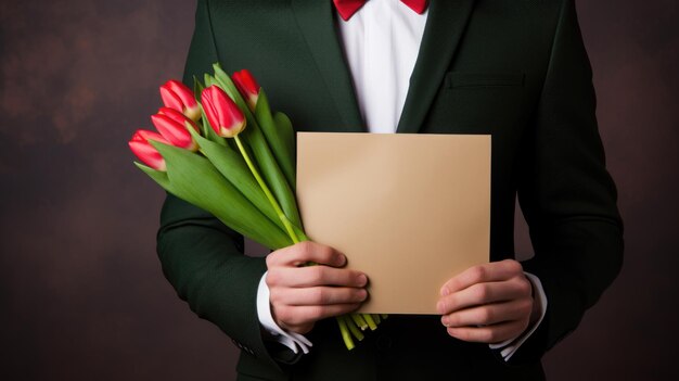 Mężczyzna w garniturze trzyma mnóstwo tulipanów i pustą kartkę.