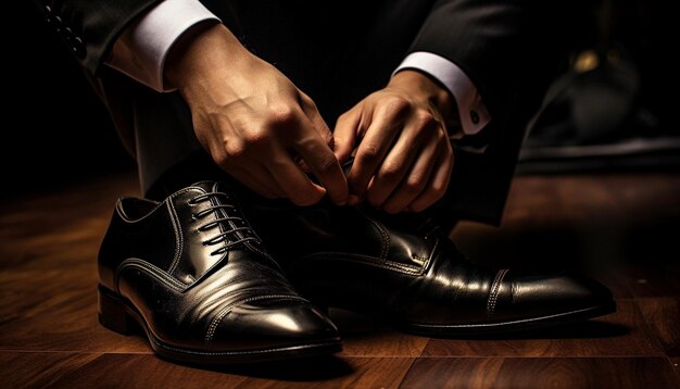 Mężczyzna w garniturze wiąże buty na drewnianej podłodze