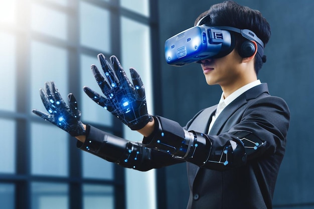 Mężczyzna w garniturze wirtualnej rzeczywistości trzyma ręce w górze