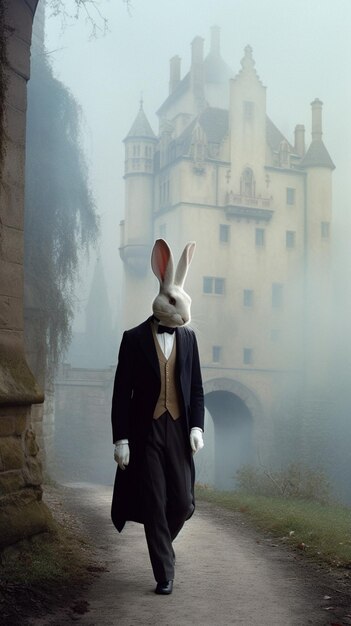 Mężczyzna w garniturze z białym królikiem na głowie stoi przed zamkiem.