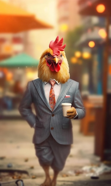 Zdjęcie mężczyzna w garniturze z głową kurczaka na głowie.
