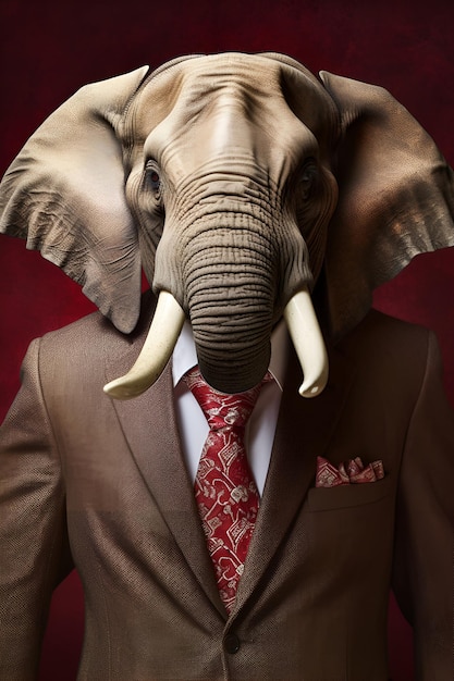 Mężczyzna w garniturze z głową słonia w krawacie.