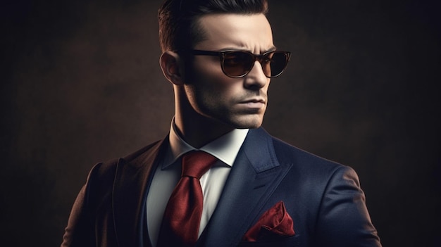 Mężczyzna w garniturze z okularami przeciwsłonecznymi i czerwonym krawatem stoi przed ciemnym tłem.