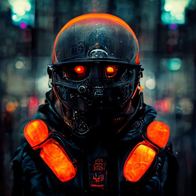 Mężczyzna w hełmie i napisem cyberpunk